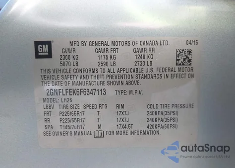 2015 Chevrolet Equinox 1Lt z USA, uszkodzony, nr VIN 2GNFLFEK6F6347113